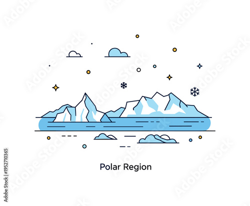Landscapes and habitats arctic tundra scene with a compact iceberg silhouette and tiny snowflake accents, expressing cold climate adaptation and fragile