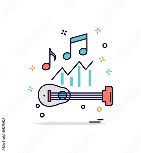 Musical creation idea featuring a simple instrument with rising note symbols, expressing artistic flow and emotional expression through sound. The compact