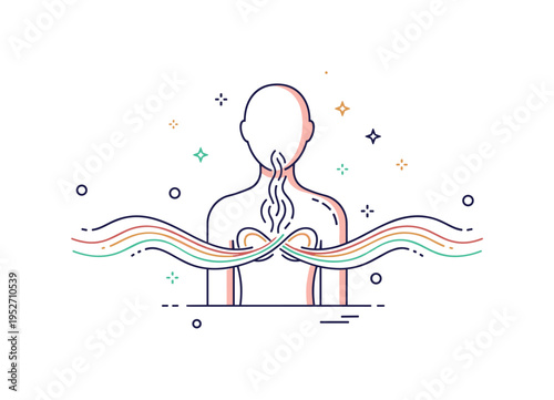 Mindful breathing practice illustrated through a simplified human silhouette with gentle curved lines flowing in and out, forming a subtle infinity loop around