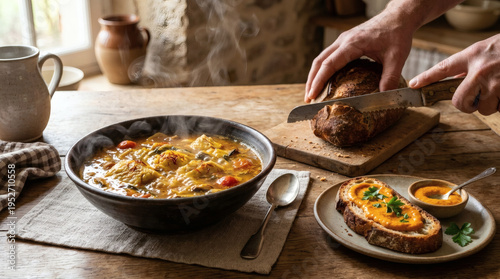 Traditional French Bouillabaisse Seafood Stew with Rascasse and Rouille Bread