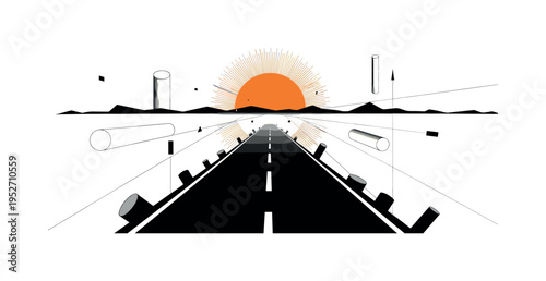 monochrome endless road fading into abstract horizon line, orange circular burst behind center and black geometric fragments subtly dispersing along sides,