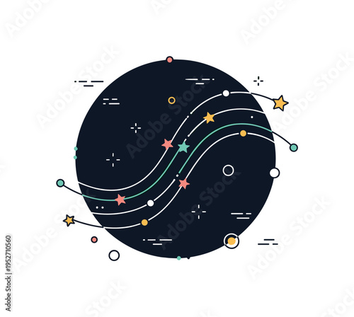 Interstellar light flow concept illustrated with smooth curved beams connecting small stars across a dark circular frame, symbolizing movement and cosmic