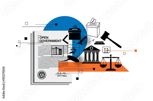 Black and white open government document transforming into abstract civic icons, bold blue semicircle framing the upper portion and orange diagonal accent