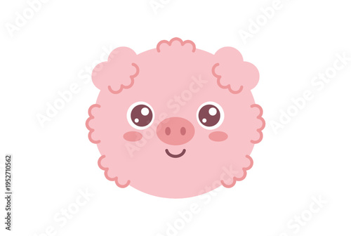 Cute pink cartoon pig face with round cheeks and smiling expression  