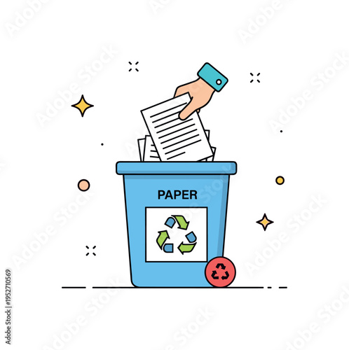 Classroom waste sorting scene with a recycling bin labeled for paper and a small student hand placing a sheet inside, symbolizing early eco awareness and
