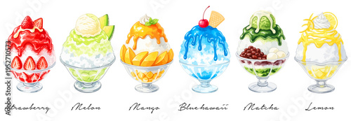 カラフルなかき氷のスイーツセット 夏のデザート水彩風手書きイラスト