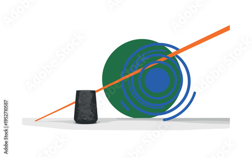 Black and white smart speaker on minimal surface, oversized forest green circle behind representing sound waves, cobalt blue concentric rings radiating