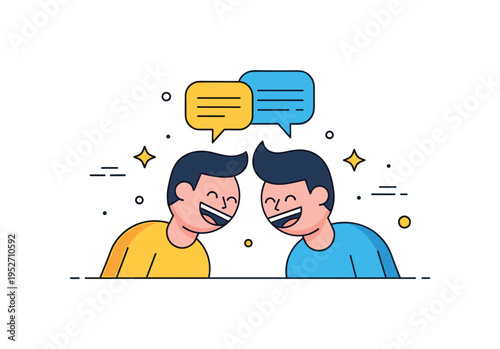 Shared laughter two simplified figures leaning toward each other with speech bubbles and tiny star accents, capturing the warmth of a funny conversation and