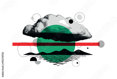 Black and white cloud forming above a simplified water body, oversized emerald green circle unifying lower water and upper vapor, red horizontal stripe
