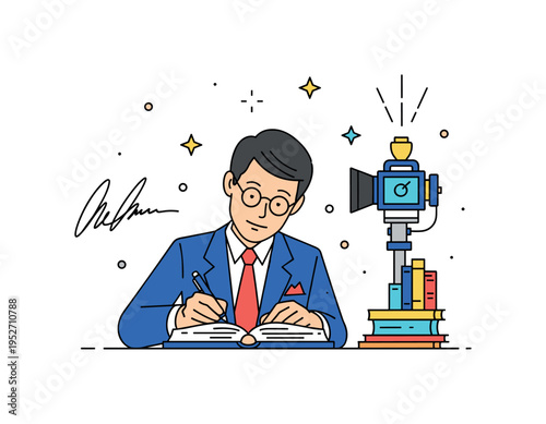 Celebrity author autograph well dressed writer signing a hardcover book while subtle flash icon suggests media attention, conveying public recognition and