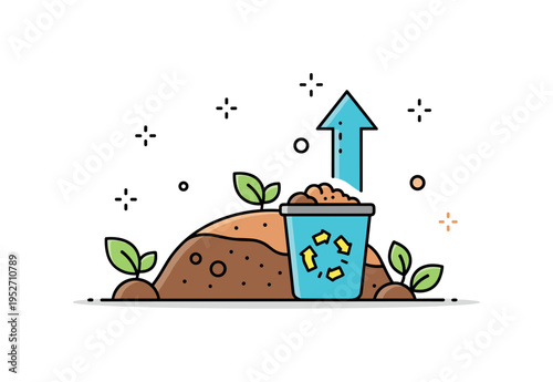 Soil fertility compost enrichment concept illustrated by a soil mound combined with a small compost bin icon and upward arrow, expressing organic improvement