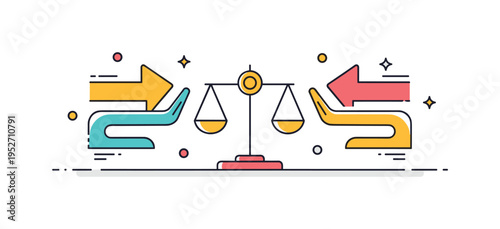 Market equilibrium competitive market balance illustrated by two opposing arrows gently pressing toward a centered scale icon. The scene conveys negotiation,