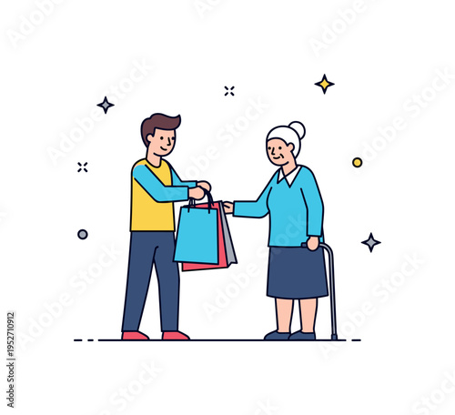 Helping with bags friendly figure lifting a heavy shopping bag from an elderly person?s hand, expressing everyday kindness and practical support in a simple