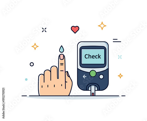 Home glucose monitoring routine featuring a fingertip with a tiny droplet and a compact meter device labeled Check, expressing precision, care, and daily