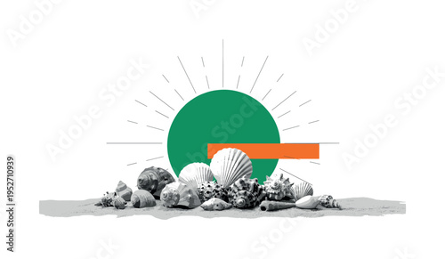 Black and white seashells arranged on sand, large emerald green sun-like circle behind the composition, orange rectangular accent intersecting asymmetrically,