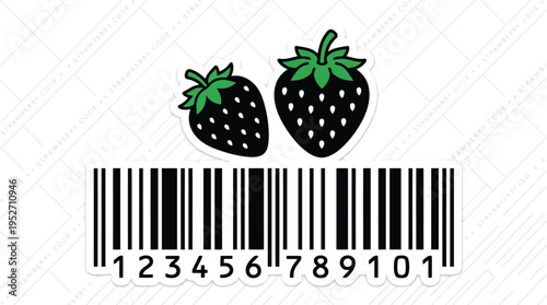 A barcode with two strawberries on a white background for product identification
