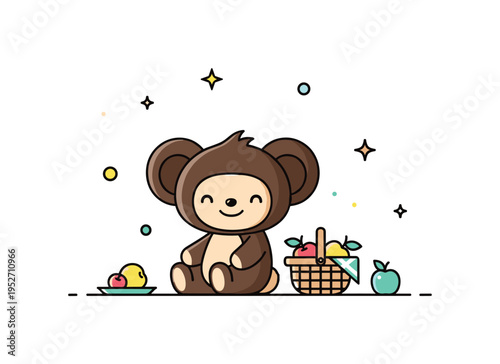 Cheburashki summer picnic moment showing a friendly big eared character sitting with a small basket and fruit, expressing relaxation and cheerful simplicity.