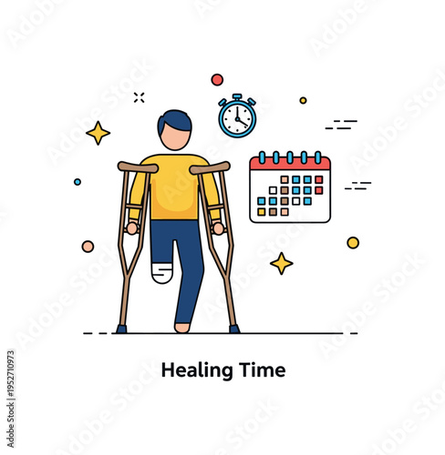 Person using crutches temporary injury recovery scene with a simplified figure balancing carefully while a small calendar icon appears nearby, expressing time