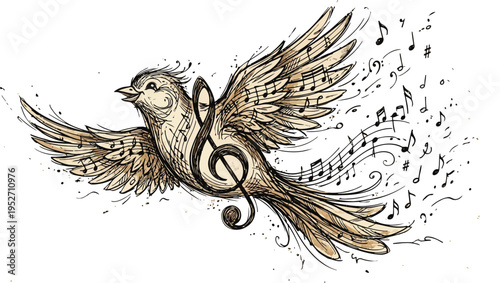 A beautiful bird with wings spread and musical notes around it