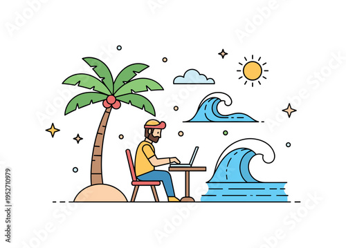 Coastal nomad working by the sea with a compact laptop on a small table under a palm tree, reflecting balance between productivity and relaxed travel living. A
