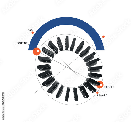 A monochrome realistic domino tiles arranged in a precise curve forming a circular chain, deep blue semicircle framing the upper composition, thin intersecting