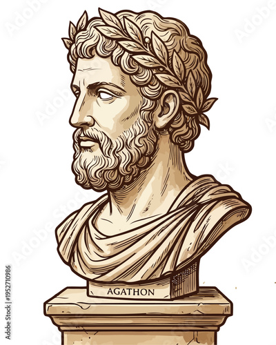A detailed illustration of a bearded man with a laurel wreath