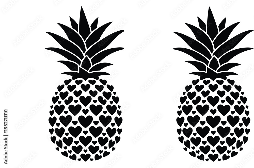 Obraz premium Two black and white pineapples with heart patterns on a white background