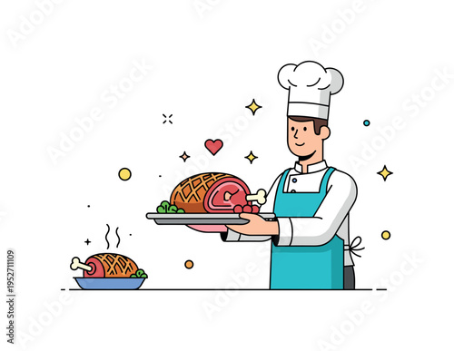 Home chef preparing special occasion roast illustrated with apron wearing cook presenting a finished beef Wellington on a tray, symbolizing pride and festive