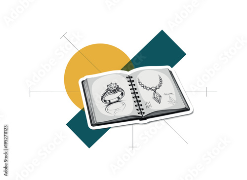 Monochrome vintage jewelry sketchbook with visible ring and necklace drawings, white outline creating sticker effect, large mustard yellow circular shape