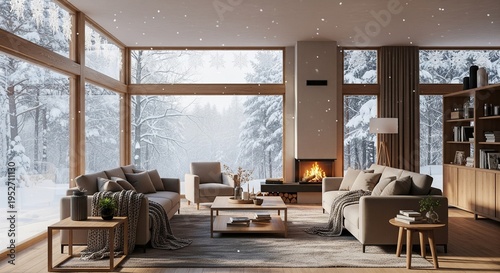 A cozy, modern Scandinavian-style living room with large panoramic windows overlooking a snowy winter forest. Featuring a burning fireplace, beige sofas, and warm wooden accents.