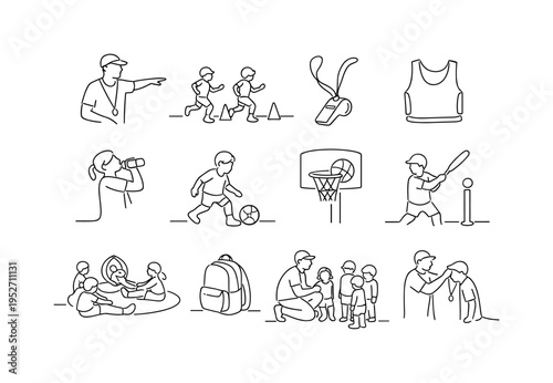 Youth Sports Training Camp. Minimalistic set one-line drawing coach demonstrating drill, kids running cones, whistle around neck, practice bib vest, water