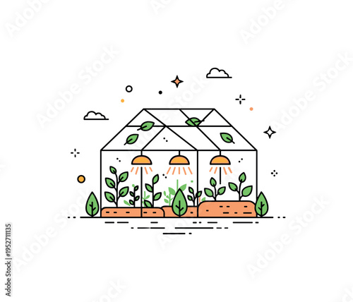Greenhouse organic cultivation scene shown through a simple greenhouse structure filled with growing plants and small leaf accents, expressing controlled yet