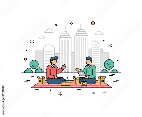 City park lunch break concept featuring office styled figures seated casually on a picnic blanket with takeaway boxes, while simplified skyscrapers rise neatly