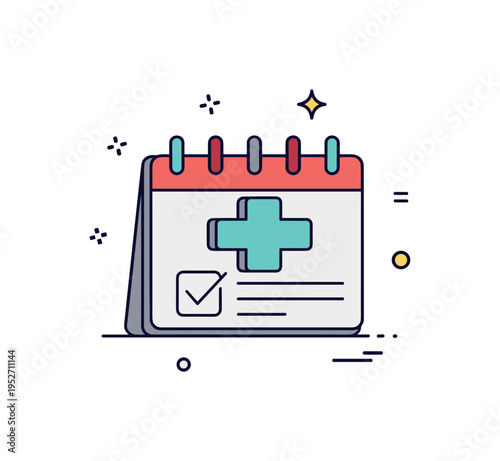 Preventive healthcare at workplace theme illustrated by a small medical cross integrated into a calendar icon with a check mark. The scene emphasizes routine