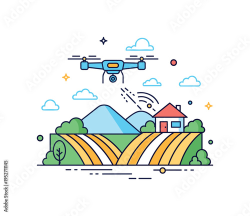 Rural area drone delivery scene showing a drone flying over simplified landscape shapes toward a small home icon, expressing accessibility and expanded