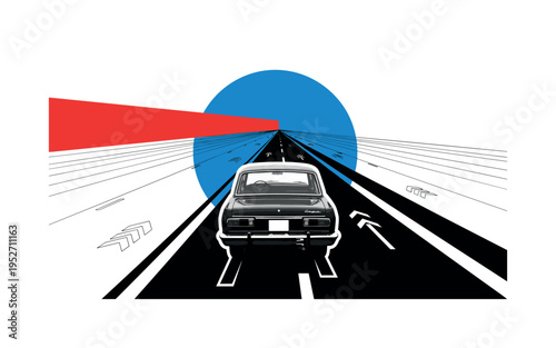 Black and white retro sedan driving forward viewed from rear perspective, bold blue circular halo behind the car suggesting urban motion, red rectangular block