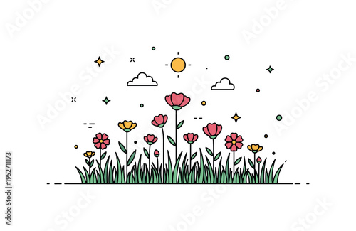 Field of native blooms centered on layered flower silhouettes with varied heights and a subtle sun accent above, capturing open landscape spirit and carefree