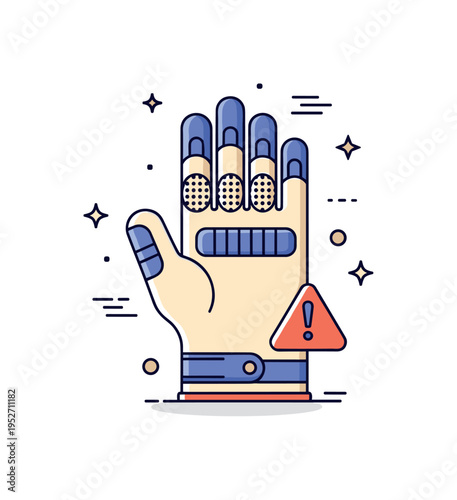 Industrial safety glove illustration built around a reinforced glove with textured palm details and a small warning icon, expressing durability, hazard
