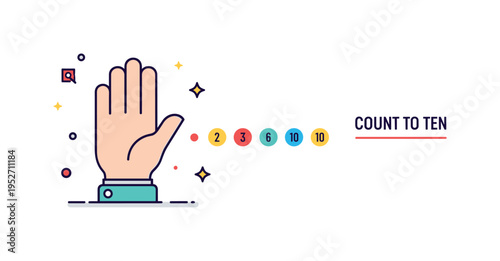 Anger management counting to ten strategy concept with a compact hand silhouette and small numbered dots arranged in sequence, expressing pause and structured