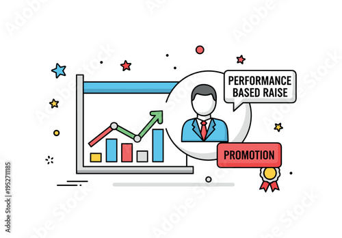 Performance based raise discussion with a chart showing upward growth next to a simple profile icon representing achievement and recognition. A small badge