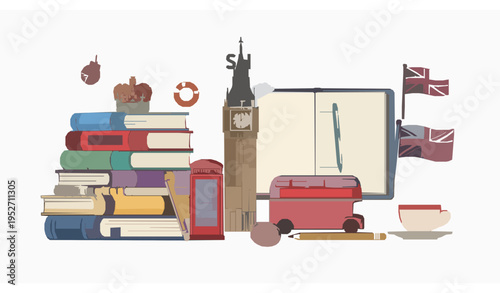 Learning English Concept with British Culture Symbols and Books Flat Vector Illustration
