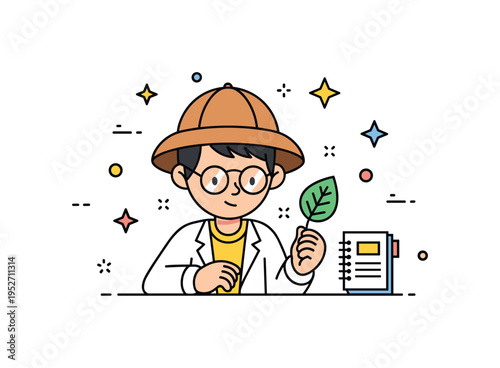 Curious kid scientist explorer concept showing a child examining a leaf sample with a small notebook nearby, expressing inquiry and playful education. The