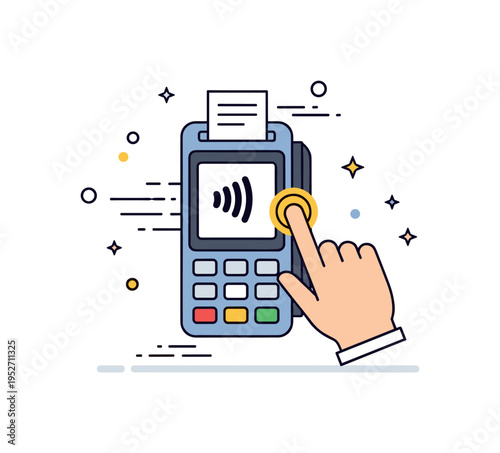 Contactless payment touchscreen scene featuring a small payment terminal with a highlighted tap area and a hand approaching the screen, symbolizing fast