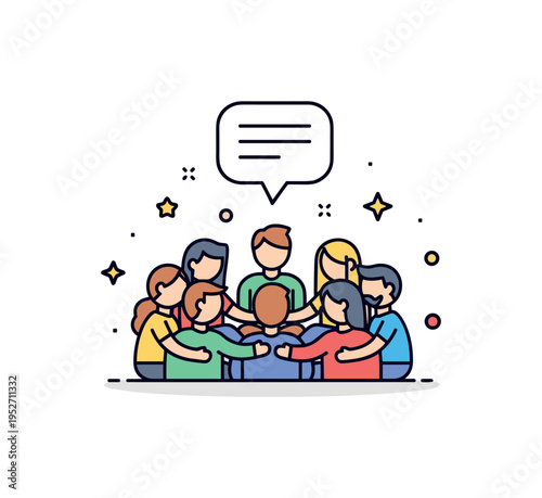 Best friends secret circle small group of friends seated in a close circle with a soft speech bubble icon floating above. A warm concept badge about trust,