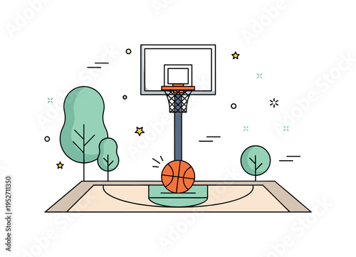 Outdoor basketball court scene featuring one hoop, painted boundary lines and a bright orange ball resting at center. Simple tree silhouettes and soft motion