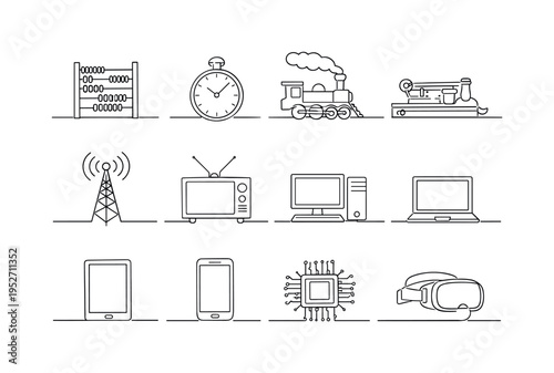 Technology Advancement Through Time. Minimalistic set one-line drawing abacus, mechanical clock, steam locomotive, telegraph machine, radio tower, television