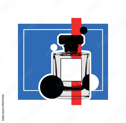 Black and white perfume bottle enlarged dramatically with sharp silhouette, bright electric blue square framing upper composition, thin red vertical stripe