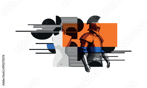 Black and white sewing mannequin morphing into armored warrior figure, semicircles and horizontal lines suggesting motion and creation process, bold orange