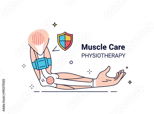 Muscle structure rehabilitation concept with a simplified arm silhouette and a small shield icon overlay, representing injury recovery and muscle support. The