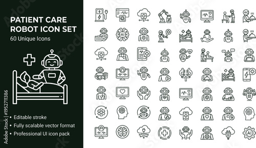 Patient care robot line icon set with healthcare automation medical assistant robots and smart hospital caregiving symbols